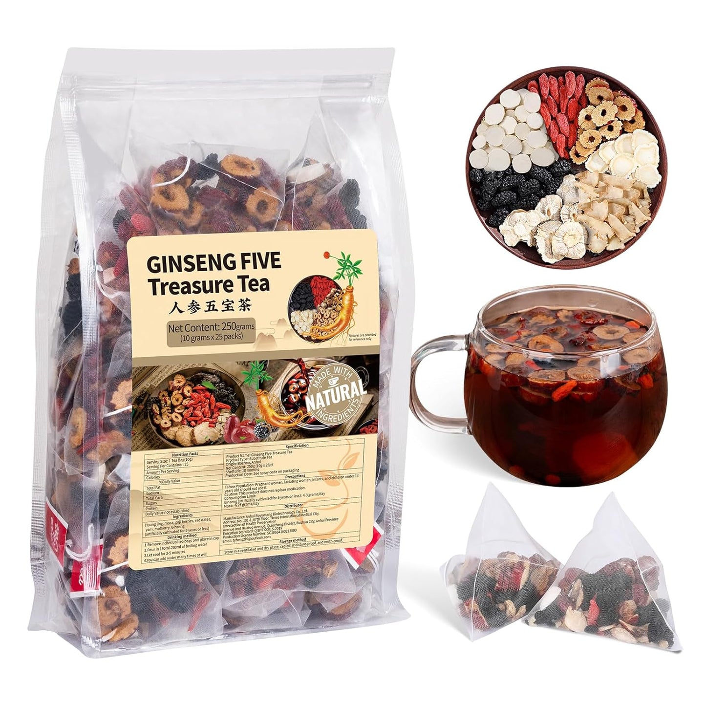 Ginseng Five Treasures Kidney Tea Natural Kidney Cleanse Detox Tea for Women & Men(1 Pack/25 Bags)